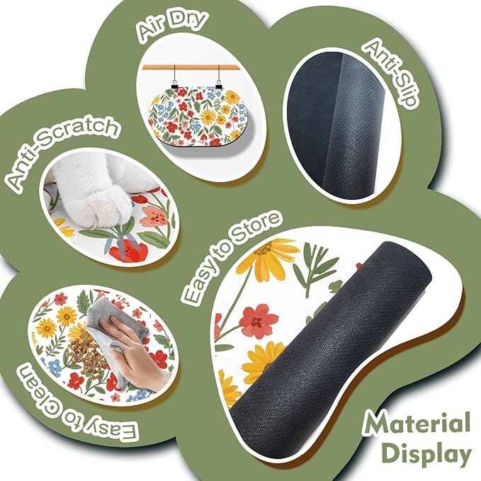 Pet Feeding Mat – 20''x12'' Absorbent Dog Food Mat, Pet Water Mats Protect Floor, No Stains Quick Dry Water Bowl Mats, Non-Slip Rubber Base Pets Placemats for Food and Water, White Floral