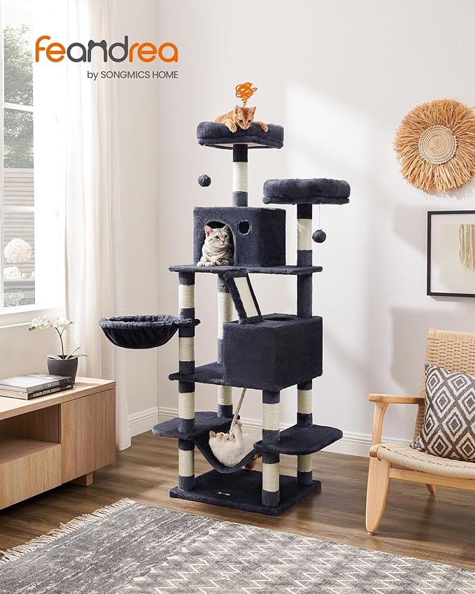 Feandrea Cat Tree, 66.1-Inch Large Cat Tower, Multi-Level Plush Condo with 13 Scratching Posts, 2 Perches, 2 Caves, Basket, Hammock, Pompoms, Smoky Gray UPCT165G01