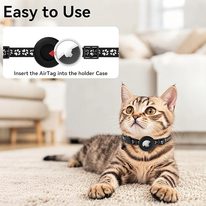 Vanjua 2 Pack Airtag Cat Collar Breakaway with Bell, Reflective Kitten Collar with Air Tag Cat Collar Holder Case for Girl Boy Cats, Pet Supplies Accessories (Black A+Black B)