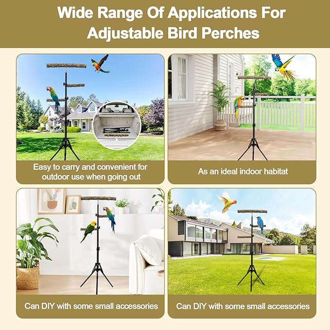 3-Layer 16-63 Inch Height Adjustable Bird Perch Pepper Wood Birds Training Perch Stand Parakeet Perches Indoor and Outdoor Parrot Stands for Small to Medium Bird