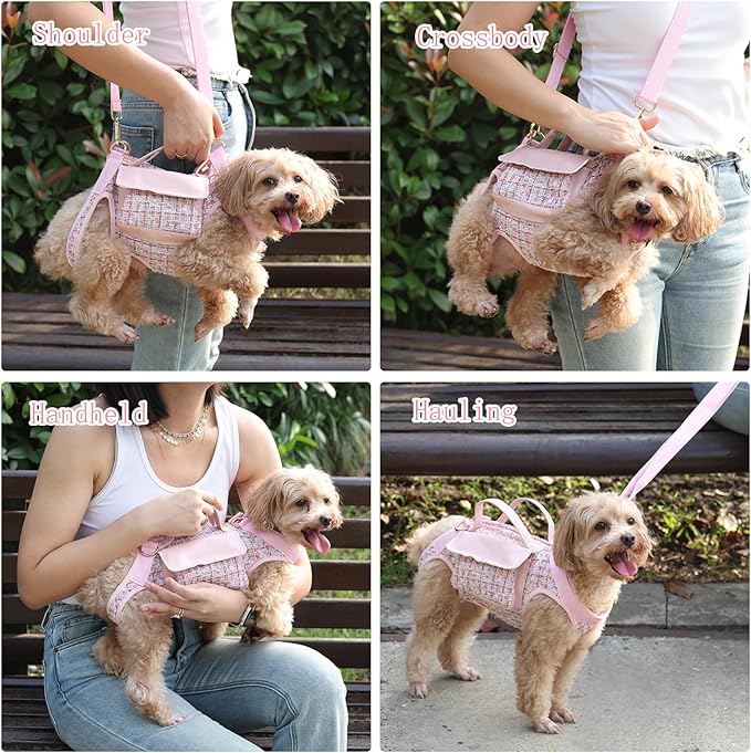 Dog Lift Harness Backpack for Small Dogs Cats, Adjustable Straps Dog Sling Carrier Full Body for Hiking, Travel, Outdoor – Pink Small