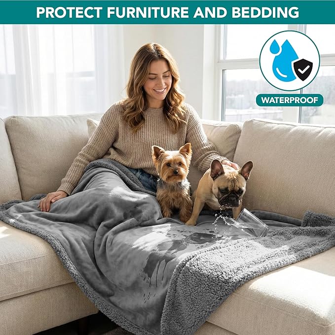 PetAmi Waterproof Dog Blanket for Medium Large XL Dog Puppy Cat Throw for Couch Cover Leakproof Protection, Sherpa Fleece, Reversible Soft Washable 80x60 Light Gray