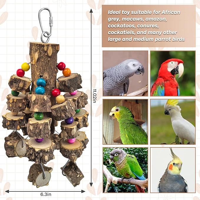 PINVNBY Wood Parrot Toys for Large Birds, Wire Link Durable Macaw Toys Extra Large Natural Wooden Blocks Chew Toy for African Grey Macaws Cockatiels Eclectus