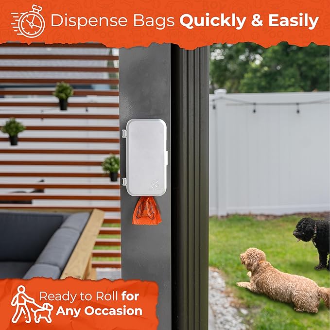 Dog Poop Bag Dispenser - Outdoor or Indoor Pet Waste Bag Dispenser Station - Stick-On or Screw-On Wall Mount - Poop Bags Storage Outdoor Container - Includes 4 Doggie Bag Rolls (White)