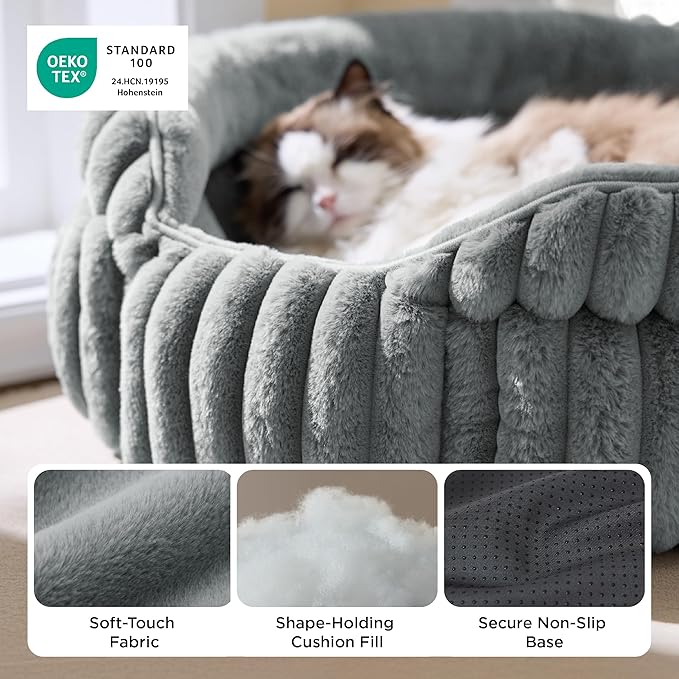 Bedsure ComfyFleece™ Small Cat Bed, Washable Round Cute Pet Beds for Indoor Cats, Super Soft Corduroy Kitten Bed with Anti-Slip Bottom, 20''x20''x8'', Warm Gray