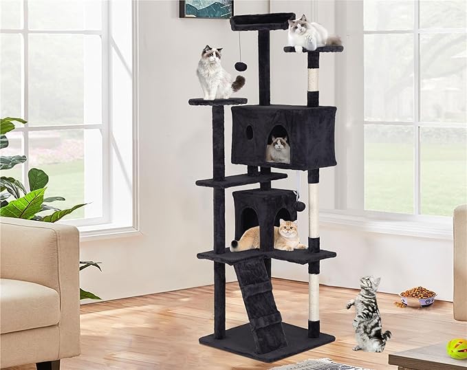 Heavy Duty Cat Tree Tower, 70" Tall Cat Tower for Indoor Cats with Cat Scratching Post with Bed, Cat Condo, Hanging Ball, Multi-Level Cat Climbing Tower Cat Trees Furniture Activity Center, Dark Grey