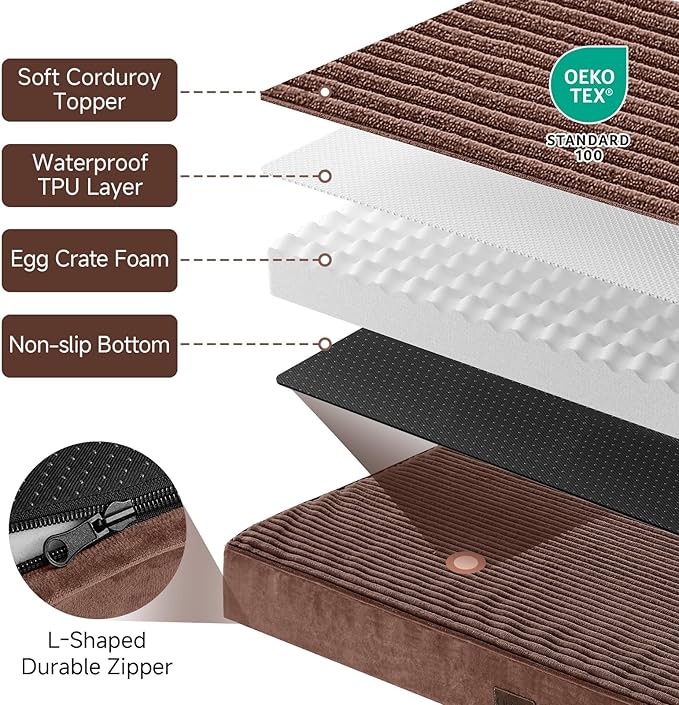 OhGeni Orthopedic Waterproof Top Surface & Machine Washable Dog Bed for Small Medium Pets, Suitable for Crates, Cat Mat with 25D Egg Crate Foam, Removable Cover, 30 Inches(Brown)