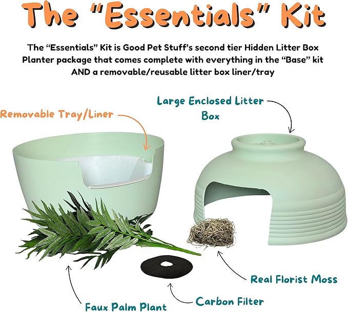 Good Pet Stuff Hidden Litter Box Planter, Decorative Cat Litter Enclosure with Carbon Filter, Artificial Plant, Easy Clean, Indoor Design, Original Round Style, Essentials Kit, Seagrass Green