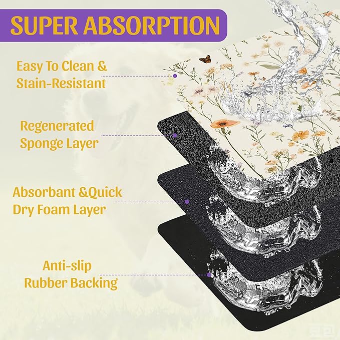 Vintage Wildflowers Herbs Pet Feeding Mat, Absorbent Bowl Pad, Quick Dry, Non-Slip Base, No Stains – 12x20 Inch