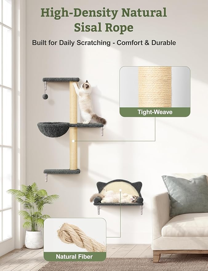 5-in-1 Cat Wall Shelves, Solid Wood & Velvet & Sisal Scratcher, 44lbs Max Load, Wall Mounted Cat Furniture for Climbers, Cat Climbing Wall System, Fits Drywall & Solid Walls - Dark Gray