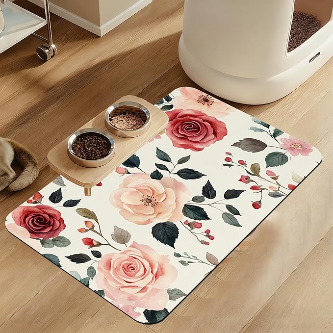 Pink Flower Leaf Pet Feeding Mat–Christmas Stocking Quick Dry Absorbent Dog Cat Food Mat, Non Slip Waterproof Bowl Placemat for Messy Eaters, Pet Accessories for Floors 16"x24"