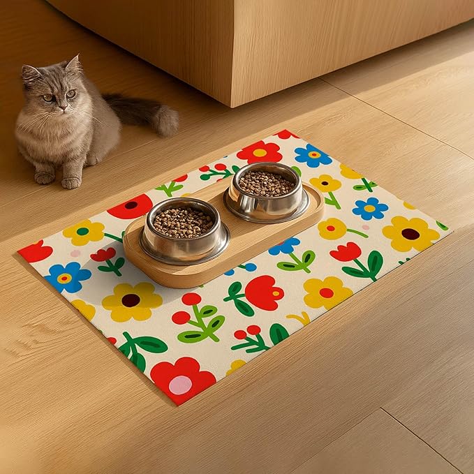 Pet Feeding Mat 24x16 inch Colorful Flower Print Pet Bowl Placemat Non Slip Floor Mat for Food and Water Indoor Pet Feeding Station Cute Meal Pad for Small Cats and Dogs Kitchen Use