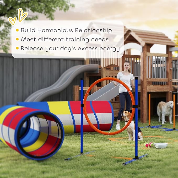 PawHut Dog Agility Training Equipment, 12-Piece Dog Obstacle Course with Adjustable Hurdle & Ring, 4 Tunnels, Weave Poles, Pause Box, Treat Bag, Bowl and Carrying Bag for Indoor Outdoor Use