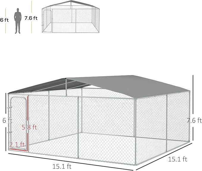 PawHut Outdoor Dog Kennel, Heavy Duty Dog Run Outdoor Fence with Waterproof Cover, Galvanized Chain Link, Secure Lock, for Large Breeds, Chickens, Ducks, 15' x 15' x 7.5'