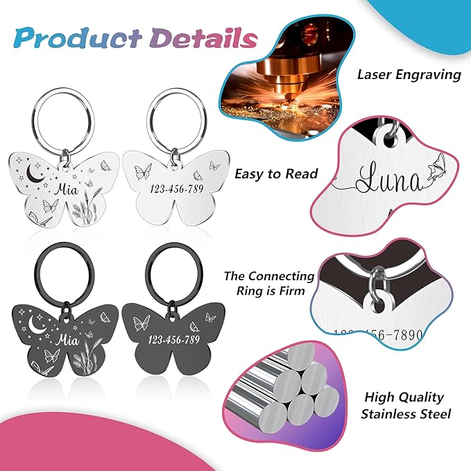 Dog Tags Personalized for Pets - Custom Dog Name Tag for Dog Collar, Colorful Butterfly Pet ID Tag, Stainless Steel Pet ID Tags for Small Large Dogs Cats, Pets Accessories for Cat Engraved Both Sides