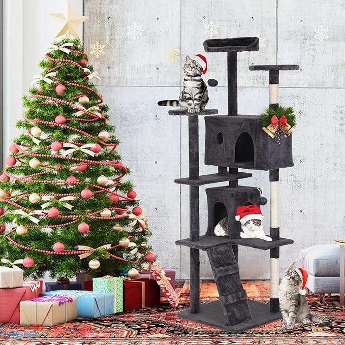 Heavy Duty Cat Tree Tower, 70" Tall Cat Tower for Indoor Cats with Cat Scratching Post with Bed, Cat Condo, Hanging Ball, Multi-Level Cat Climbing Tower Cat Trees Furniture Activity Center, Light Grey