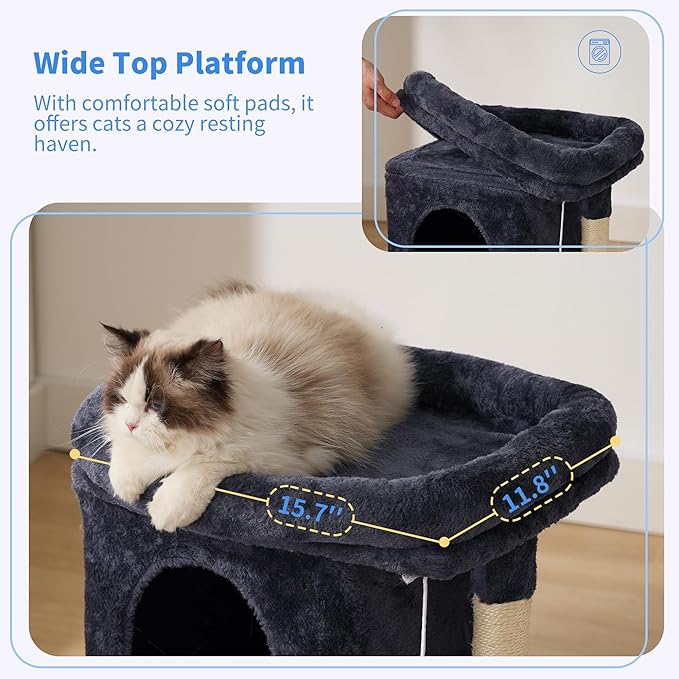 Heybly Cat Tree Tower, Cat condo for Indoor Kittens, Cat House with Wide Plush Top Perch, Ladder, Basket, Sisal-Covered Scratching Posts, Cozy Activity Center for pet, Smoky Gray HCT009SG