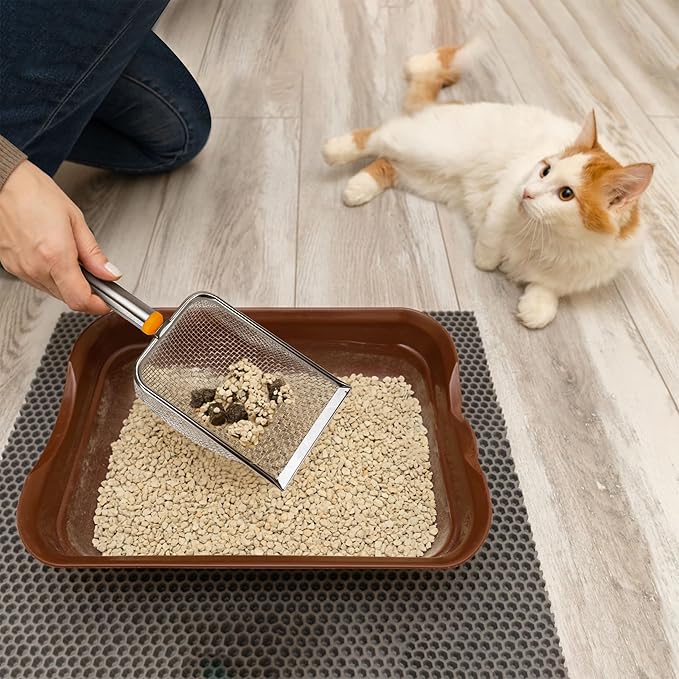 Cat Litter Scoop Stainless Steel Mesh Scooper with Long Handle, Deep Shovel Non-Stick Coated Metal for Box Kitten Pooper Lifter, Regular Scoop, Sifting Poop, Non-Slip Grip, Easy Clean, Hole: 2.8mm