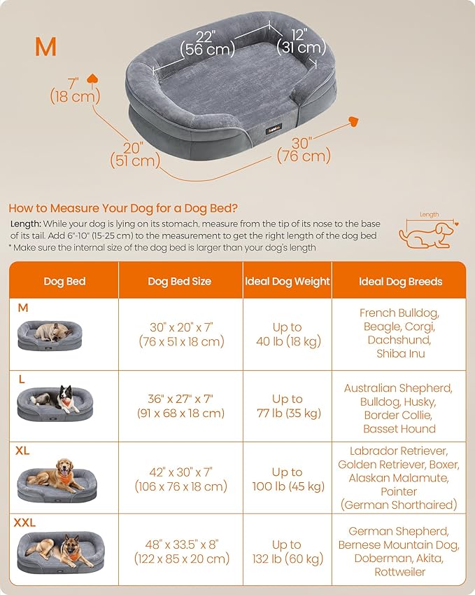 Feandrea Dog Bed, Medium Orthopaedic Dog Sofa Bed, 30 x 20 x 7 Inches, Egg Crate Foam, Waterproof Liner, Raised Edges, Removable and Machine Washable Cover, Non-Slip, Light Gray UPGW281G01