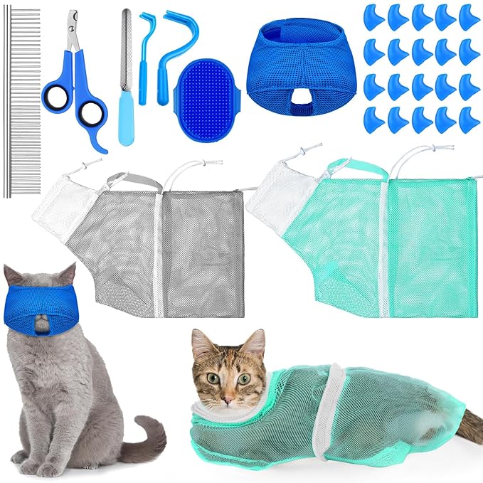 10 Pcs Cat Bathing Bag Set Pet Mesh Shower Bag Anti Bite and Scratch Pet Grooming for Washing Brush, Cat Muzzle, Nail Clipper, Nail File, Tick Tool (Blue and Gray)