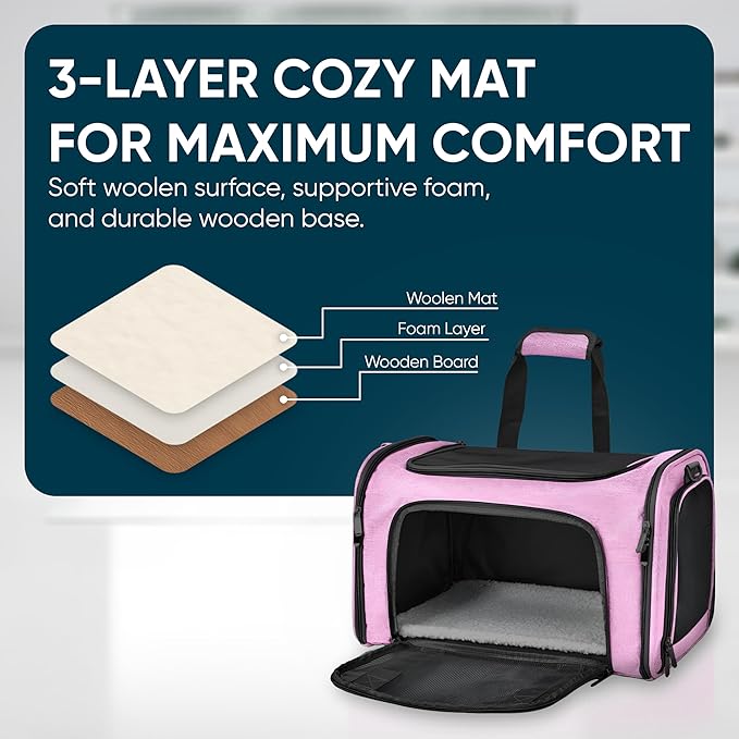 Pet Travel Carrier Bag – Airline Approved Soft-Sided Dog & Cat Carrier, Foldable, Breathable Mesh, Washable Pad – Fits Pets up to 15 lbs – The Pup Quartet (Pink)