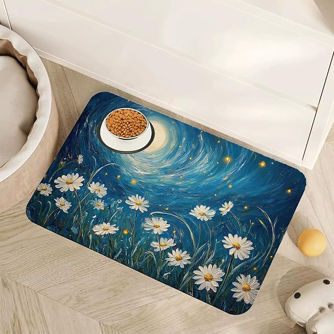Starry Night Pet Feeding Mat,Moon Daisy Flower Absorbent Quick-Dry Cat Dog Food and Water Bowl Mats,Non-Slip Rubber Backing Mat,Cat Dog Accessories Supplies 12"x20"