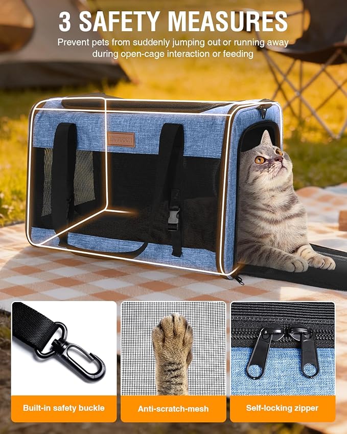 PETUX Large Pet Carrier for Large Cats ＆ Small Dogs - Up to 20Lb, Top and Side Entry, 4 Side Breathable, Foldable Soft Cat Travel Carrier with Safety Car Seat Buckle and Anti-Scratch Mesh - Blue