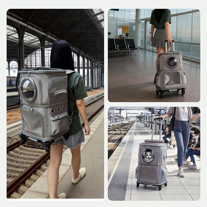 2-in-1 Pet Carrier Backpack for Two Cats or One Dog with Puller & Roller, Grey 2-Layer Dual Cabins Carry Bag for Large Fat Cat and Puppy Traveling and Hiking, Space Capsule Clear Bubble Dome