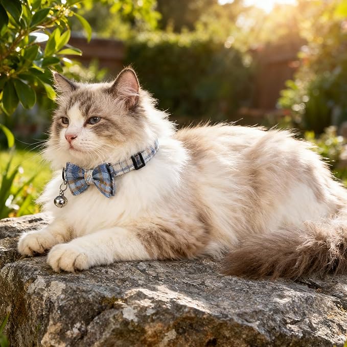 2 Pcs Cat Collar Breakaway with Bell and Bowtie - Adjustable Cat Bow Tie - Plaid Kitten Collar for Small Pets