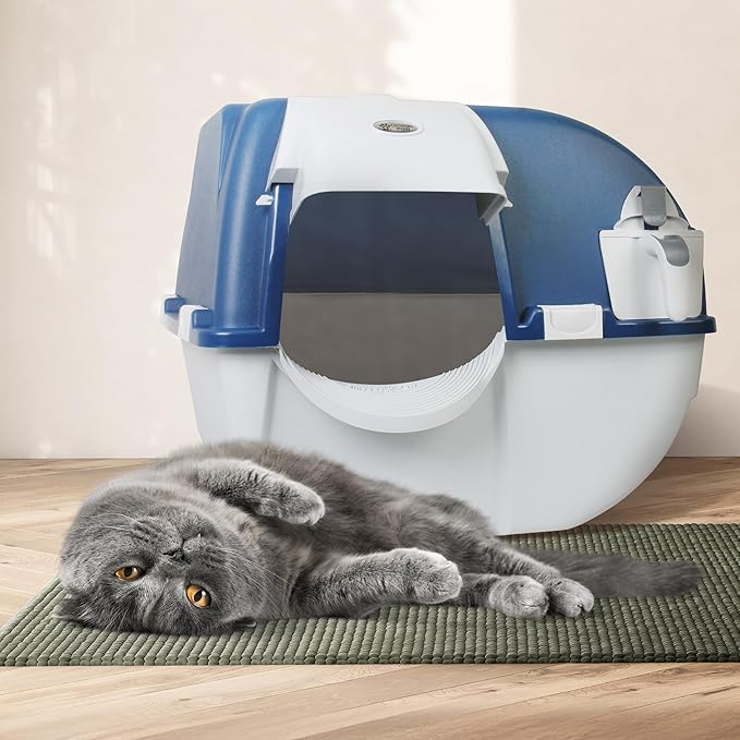 Omega Paw Roll N Clean Complete Self Cleaning Litter Box with New Bag System, Litter Step, Sifting Grate, and Pullout Waste Tray with 100 Bags, Blue