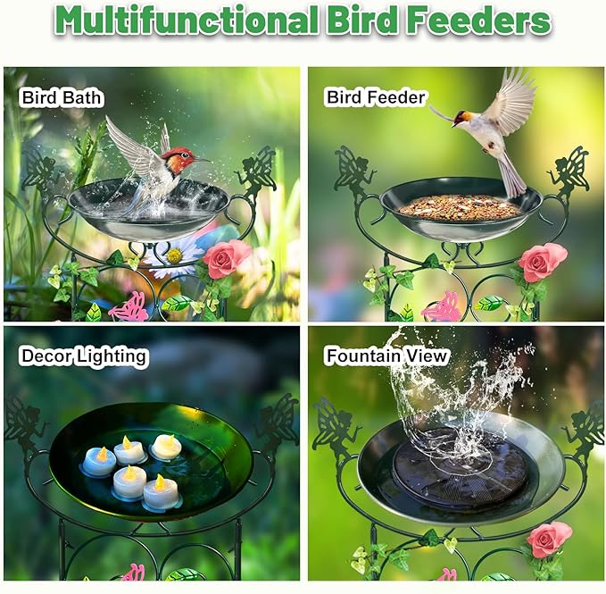 HONGLAND 36.5" Metal Bird Bath with Trellis, Outdoor Garden Birdbath with Detachable Bowl & Climbing Plant Support, Decorative Bird Feeder Station with Fairy for Yard, Patio, Fence