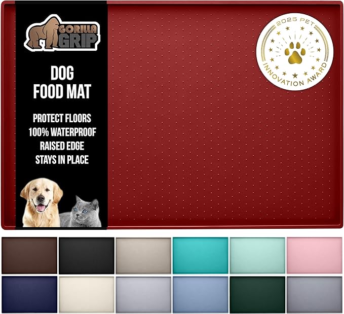 GORILLA GRIP 100% Waterproof Raised Edge BPA Free Silicone Pet Feeding Mat, Dog Cat Food Mats Contain Spills Protects Floors, Placemats for Cats and Dogs Water Bowl, Pets Accessories 23x15 Red