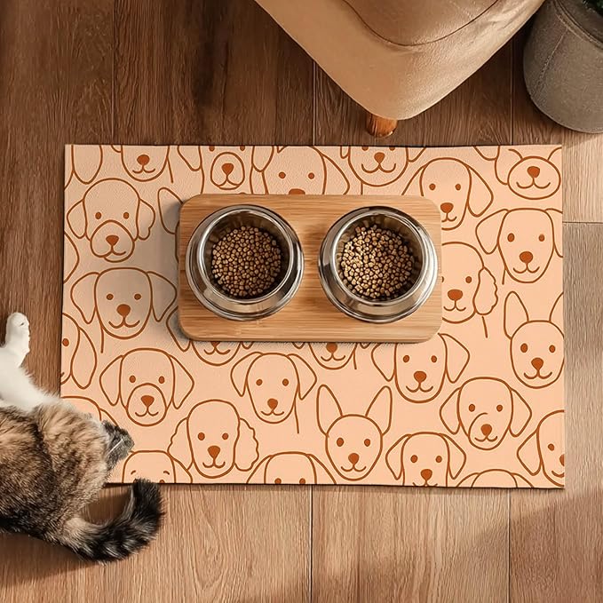 Adorable Cute Dog Faces Pattern Pets Food Mat Spill-Proof Pets Feeding Mats Cats Food and Water Bowl Pet Easy Clean Fast Dry Pet Mats for Foods and Water Mat for Cat Dogs 20" x 12"