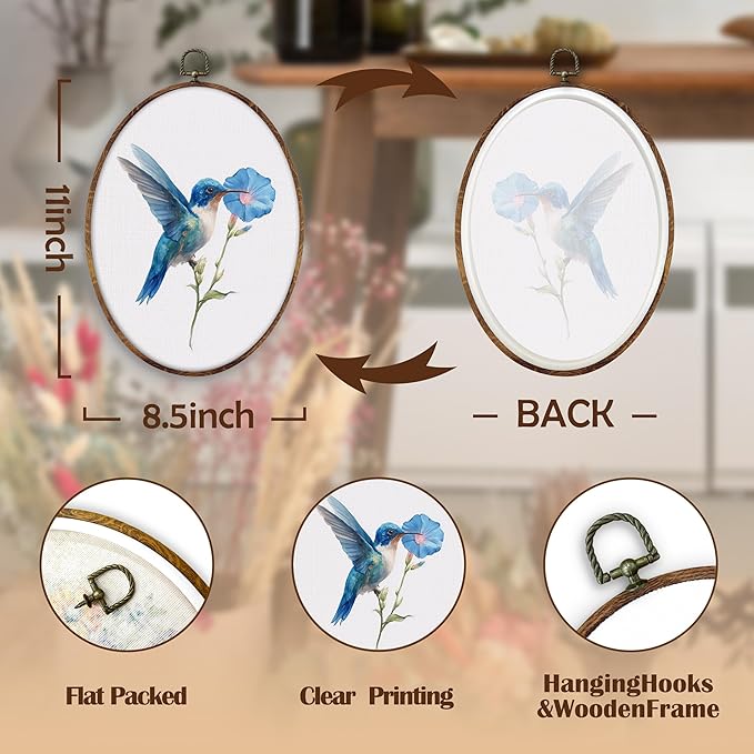DILSJ Blue Hummingbird Floral Oval Wall Art Decor, Bird Hummingbird Canvas Wall Art Framed, Rustic Farmhouse Bird Flower Hanging Decorations for Home Living Room Bedroom, 11x8.5 Inch