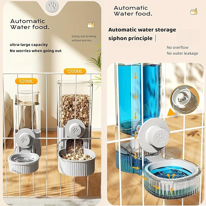 GPY Automatic Hanging Gravity Pet Feeder and Water Dispenser Set ，Automatic Rabbit Feeder and Dog Water Dispenser for Dogs Cats Pets Animals Large Capacity (Blue Water Feeder&Food Feeder) (Grey)