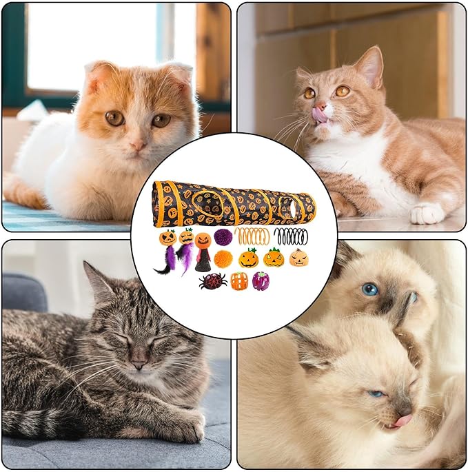 Interactive Cat Play Tunnels - Halloween Peekaboo Cat Cave with Toys, Cats Engaging Activity Center | Interactive Toy & Activity Center for Indoor Cats, Kittens, Small Animals, Playing & Stimulation