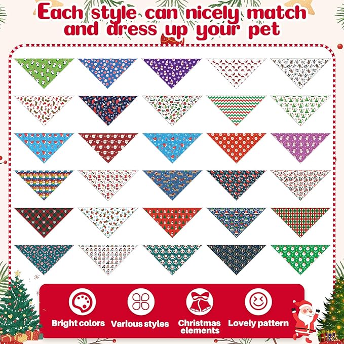 Aliceset 180 Pcs Christmas Dog Bandanas Bulk Christmas Bandanas for Dogs Adjustable Washable Pet Triangle Scarf Cute Kerchief Scarves for Pet Xmas Party Costume Accessories Decorations