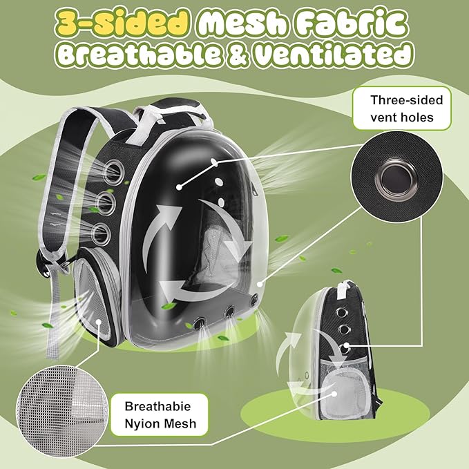 Pet Carrier Backpack Bearded Dragon Cat Bird Rabbit Guinea Pig Small Animal Carrier Backpack with Clear Bubble Window Ventilated Space Capsule Design Black and White