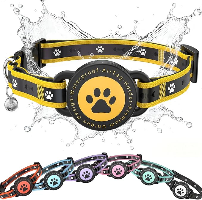 Airtag Cat Collar Breakaway, Reflective Cat Collar with AirTag Holder and Bell, Compatible with Apple Air Tag, Comfortable Padding, Adjustable, Durable (Yellow, XS)