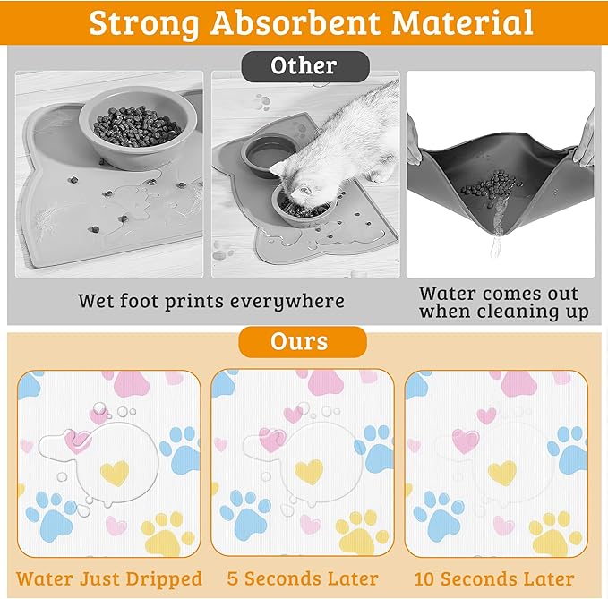 Dog Bowl Mat,Colorful Dog Paws Pet Feeding Mat for Floors Waterproof,Animal Absorbent Dogs Placemat for Food and Water Quick Dry Pet Cat Feeding Mats with Non Slip Bottom 16" x 24"