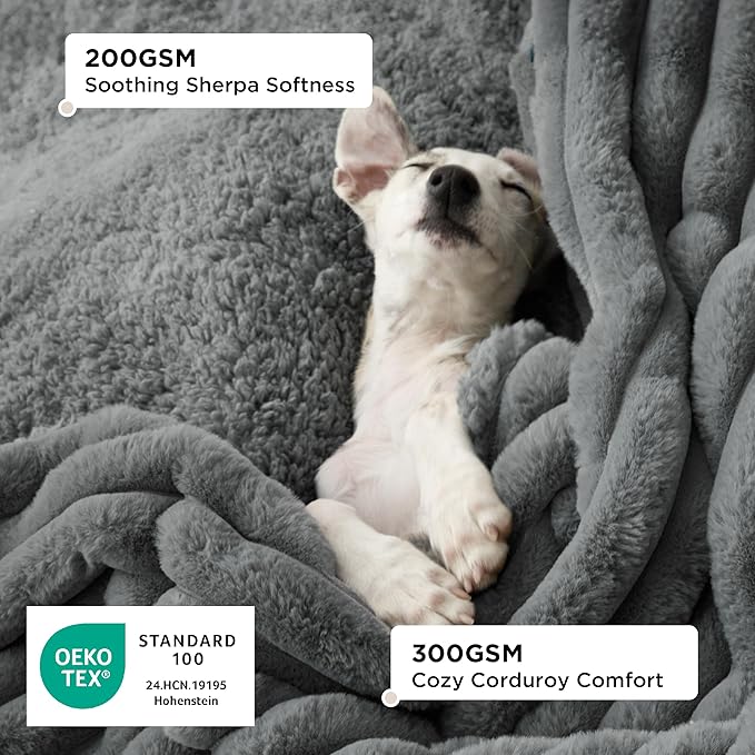 Bedsure ComfyFleece™ Waterproof Dog Blankets for Large Dogs - Soft Pet Cat Blanket Corduroy Fleece for Couch Bed Protector Washable, Cozy Calming Reversible Furniture Protection,50"x60", Warm Grey