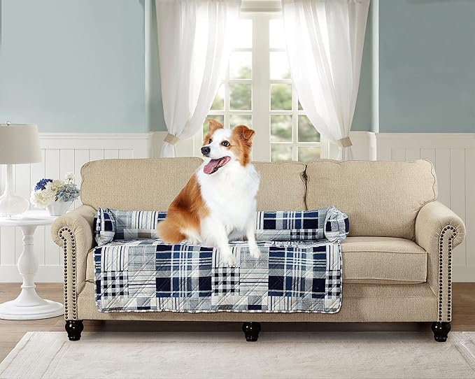 Brilliant Sunshine Quilted Calming Dog Bed Mat, Removable Washable Cover, Cushion Protector and Couch Covers for Dogs, Pets, Cats, Extra Large, Blue Plaids and Stripes Patchwork