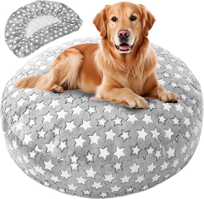 Youyole Large Washable Round Dog Bed Cover Replacement Waterproof 45 x 45 x 11 in Round Donut Bed Cover for Dog Soft Gray Pet Beds Protector Sheet with Lovely Star Print for Donut Beds & Pet Couch