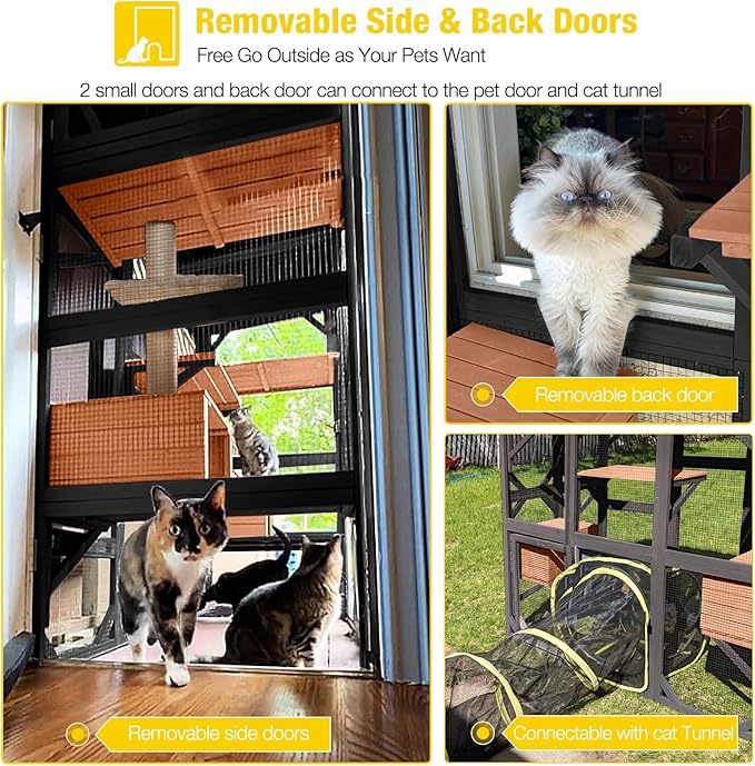 Aivituvin Catio Outdoor Cat Enclosure with Scratch Post, Hammock, Large Window Cat House for 2-6 Mulitiple Cats Walk in Kitty Cage with Tarp Roof 70" Black