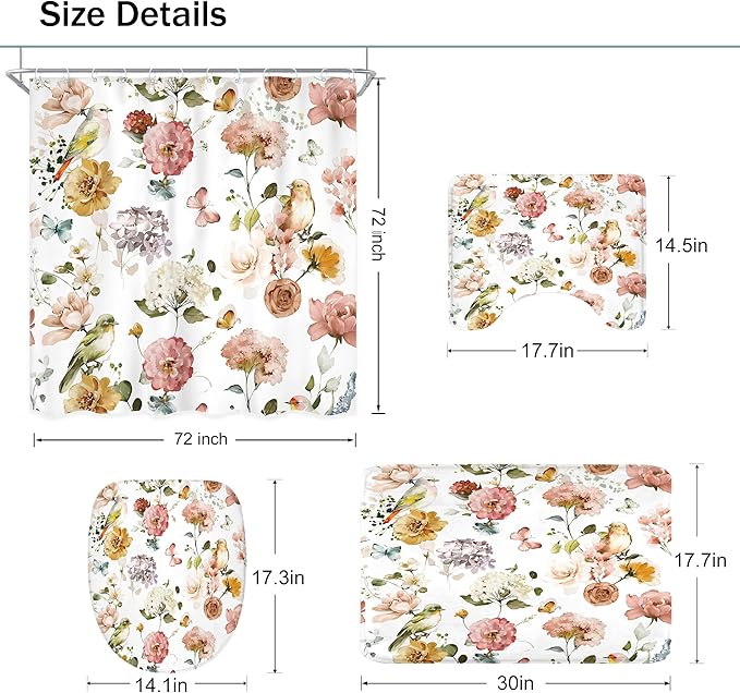 4 PCS Spring Floral Birds Bathroom Set with Shower Curtain and Rugs 72Wx72H Inch Flower Plant Watercolor Non-Slip Bath Rug Toilet Lid Cover and U Shape Mat Accessories 12 Hooks Bathoom Decor