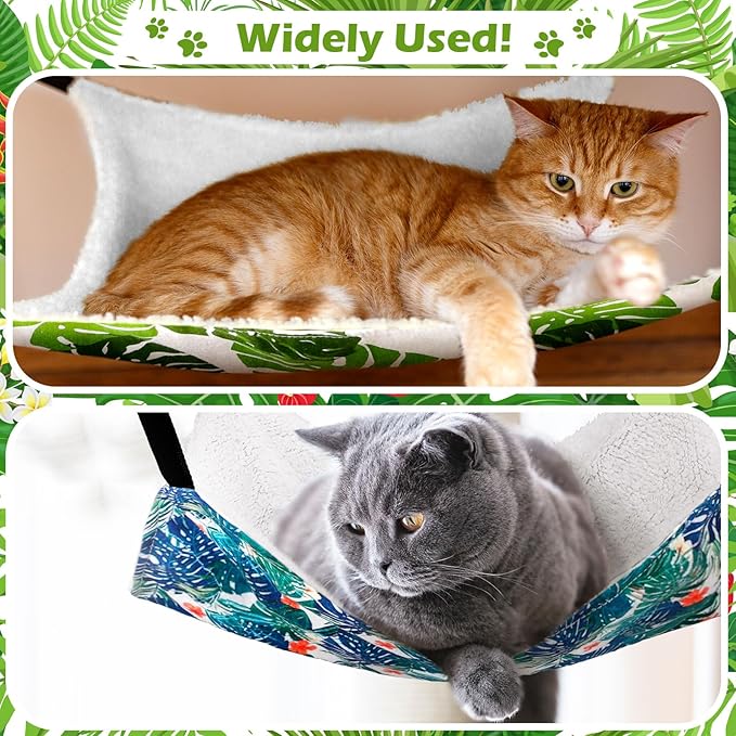 Jetec 2 Pack Cat Hammock for Cage, Catio Accessories Reversible Soft Cats Bed with Adjustable Straps and Hooks Double-Sided Linen and Fleece Hanging Hammock for Cats, Kitten(Monstera Leaf,M)