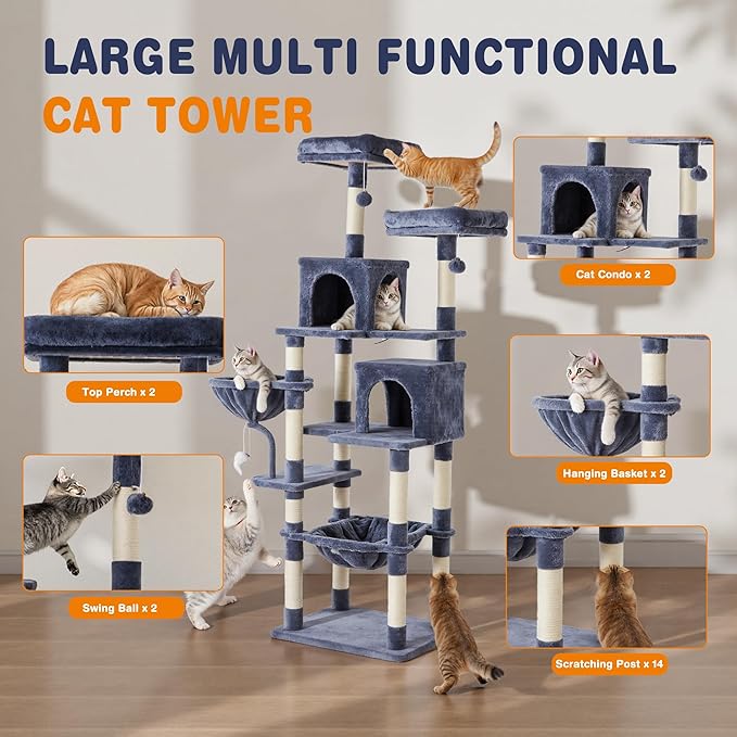 Large Cat Tree 71 Inch, Multi-Level Tall Cat Tree Tower with Condo, Perches, Sisal Scratching Posts and Hammock, Pet Play House with Dangling Balls for Indoor Cats, Dark Grey