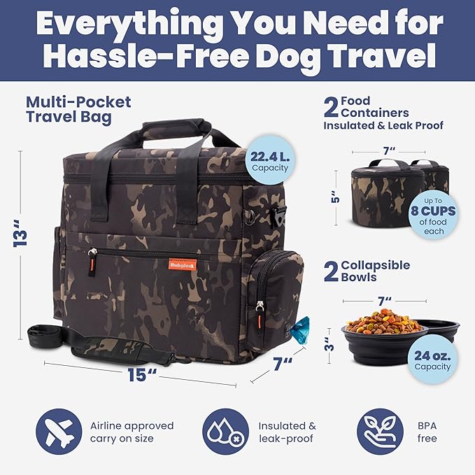 The Original Doggy Bag™ - Complete Dog Travel Bag for Supplies with 2 BPA-Free Travel Dog Bowls & 2 Pet Food Containers - Traveling Kit for Road Trips, Camping, Weekend Away or Doggy Gift: Camo