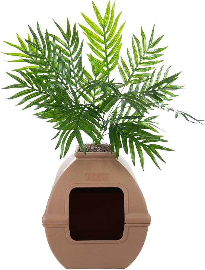 Good Pet Stuff Hidden Litter Box Planter, Decorative Cat Litter Enclosure with Carbon Filter, Artificial Plant, Easy Clean, Indoor Design, Courtyard Square Style, Base Kit, Mocha Brown