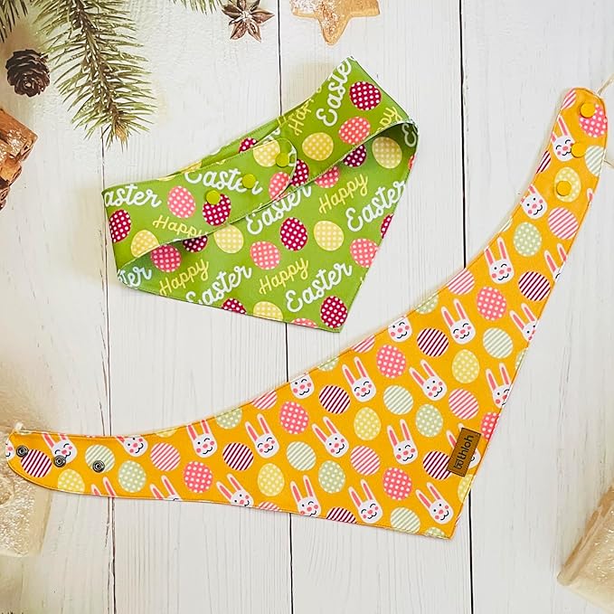 Easter Dog Bandanas with Snap Button, 2 Pack Reversible Spring Bandana for Boy & Girl, Premium Durable Fabric, Bunny and Egg Dog Scarf for Small Dogs (Small)
